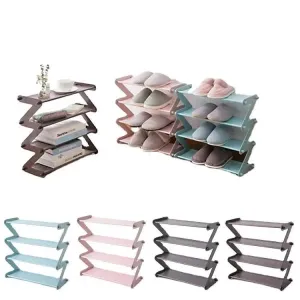 Scoovi 4 Layer Z Type Lightweight Sleek Space Saving Shoe Organizer Rack For Home | Zig Zag Shoe Stand For Indoor | Footwear Organiser Stand Rack (Multicolour)(Stock As Per Availabilty)