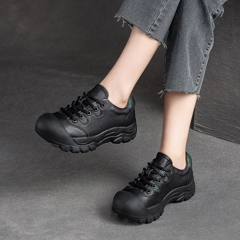 Women Retro Minimalist Leather Round Head Casual Shoes