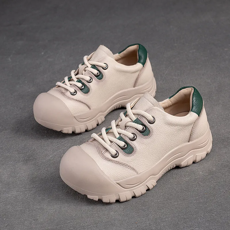 Women Retro Minimalist Leather Round Head Casual Shoes