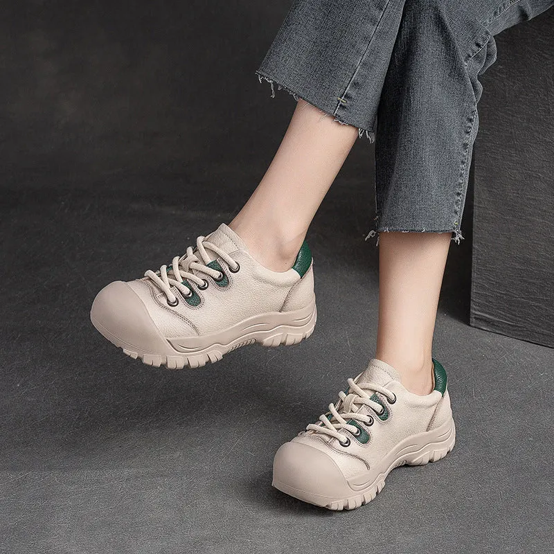 Women Retro Minimalist Leather Round Head Casual Shoes