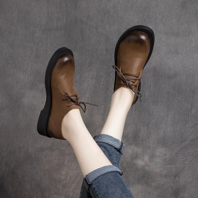 Women Retro Solid Cowhide Casual Shoes