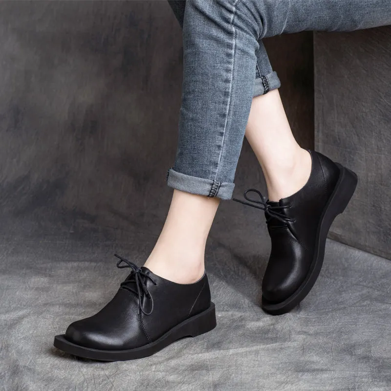 Women Retro Solid Cowhide Casual Shoes